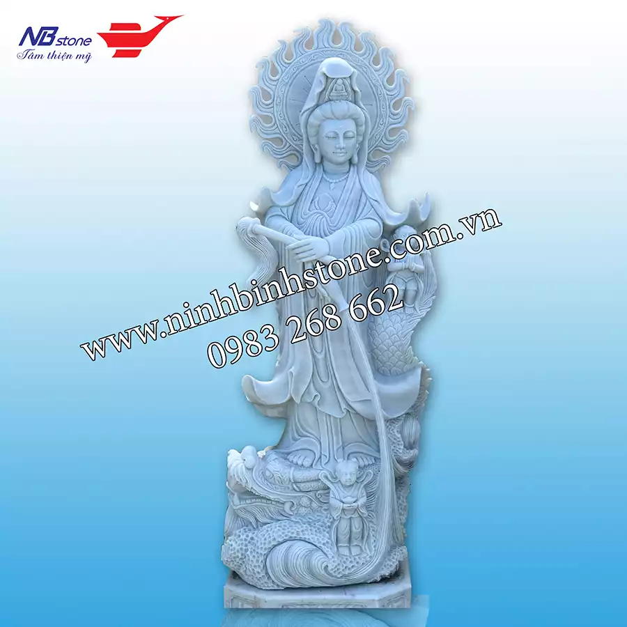 Tượng quan âm cưỡi rồng mây bằng đá nguyên khối