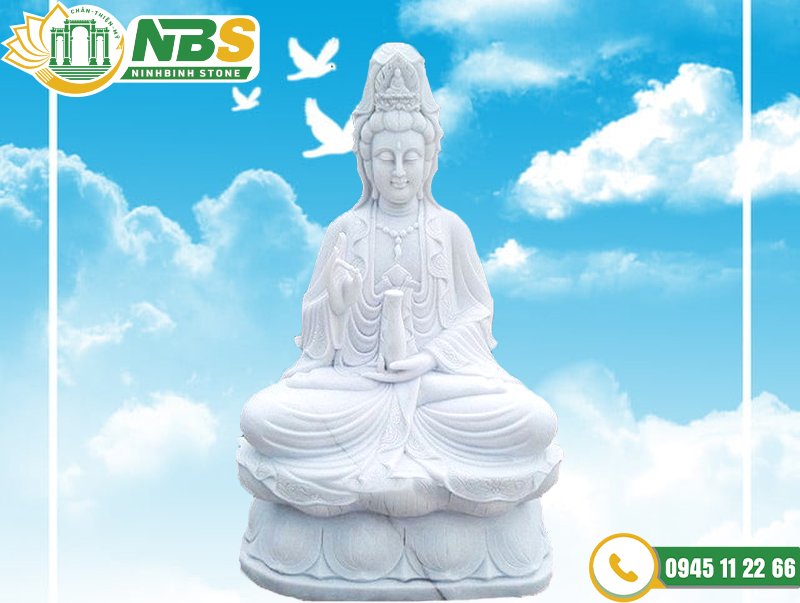 Phật quan âm ngồi đài sen đá trắng